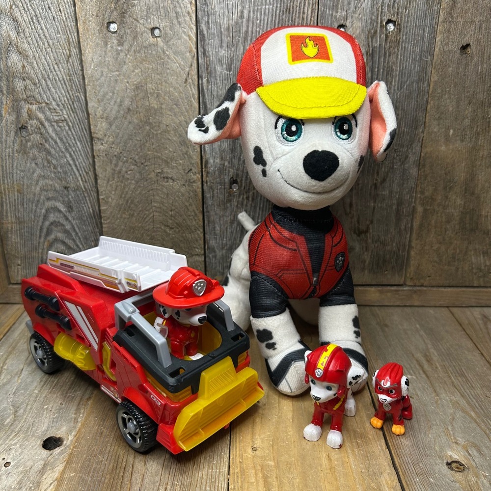 Paw Patrol Marshall Fire Truck Toy Lot Plush and Figures Red White 4pc Set